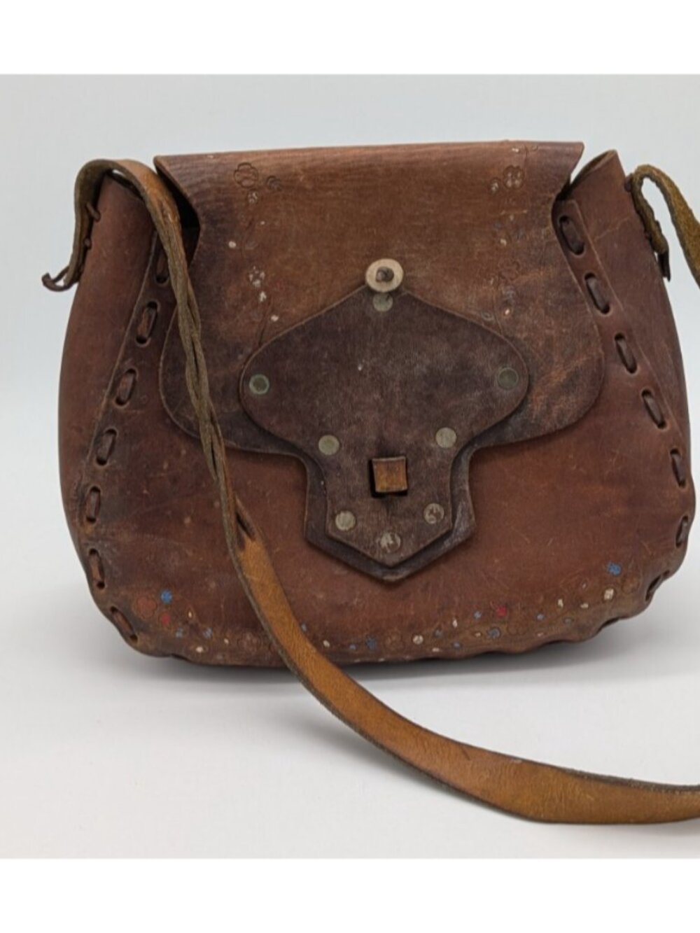 Vintage very distressed leather purse crossbody bag brown womans as is